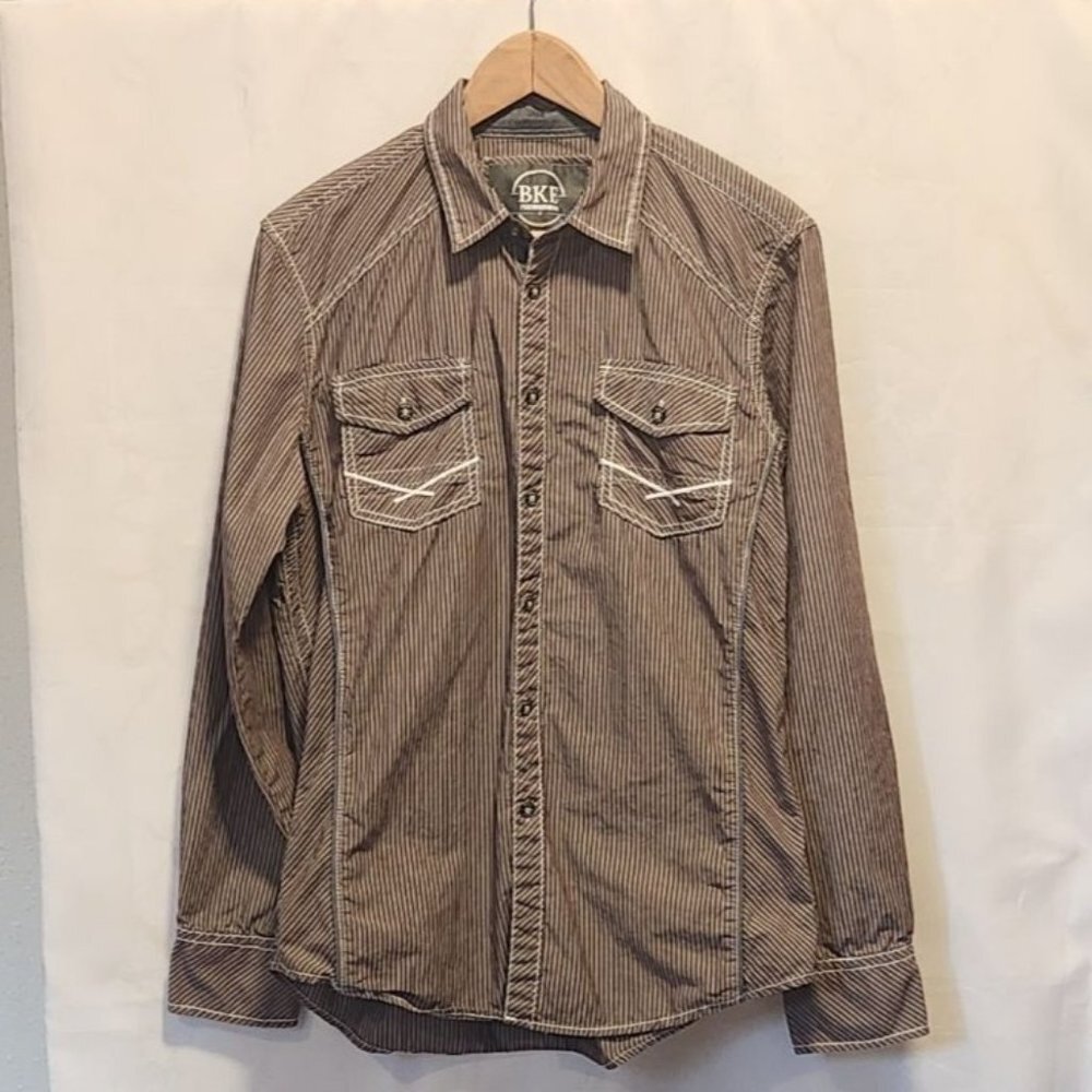 BKE Button-Up Shirt Men's M Athletic Fit Western Gray/White Striped Long Sleeve‎